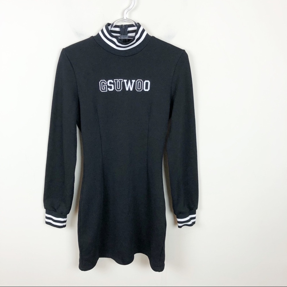 GSUWOO So Real Black Fitted Varsity Sweater Dress